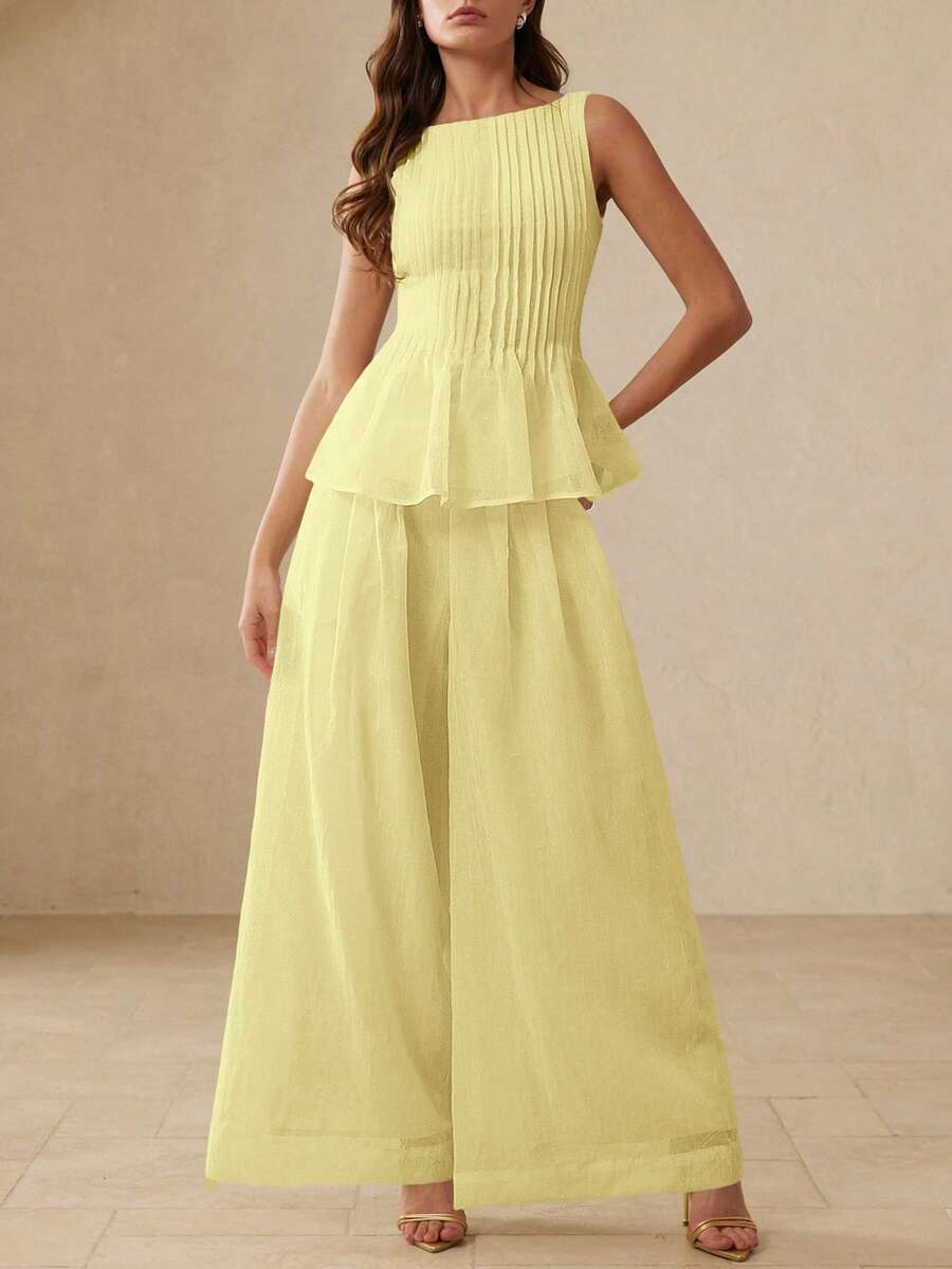 BELROSIE Ensemble 2 pièces décontracté et polyvalent, composé d'un Top à col rond, ourlet parapluie et rayures texturées sans manches, associé à un pantalon ample à jambes larges et plissées - Jaune d'oie - Voir 1