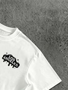 Manfinity EMRG Men's Cool Boxy White Cropped T-Shirt With Dripping LA Logo,Streetwear,Casual,Summer,City Break,Short Sleeve Tee Gift For Friends & Streetwear Lovers - White - View 5