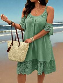 EMERY ROSE Gaun Midi Kasual Liburan Ukuran Plus dengan Kain Kerut Berenda Kontras, Bahu Terbuka, Lengan Pendek, Tali Renda, Leher Bulat, dan Hem Berenda Kontras. - Mint Green - View 7