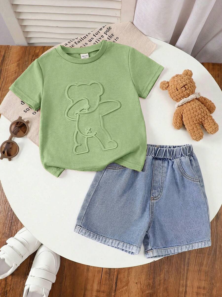 SHEIN Little Byeori 2件套儿童男童休闲百搭舒适圆领宽松短袖针织T恤和牛仔短裤套装