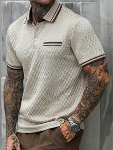 Manfinity CasualCool 男士条纹短袖休闲通勤 Polo 衫 - 卡其色 - 查看 1