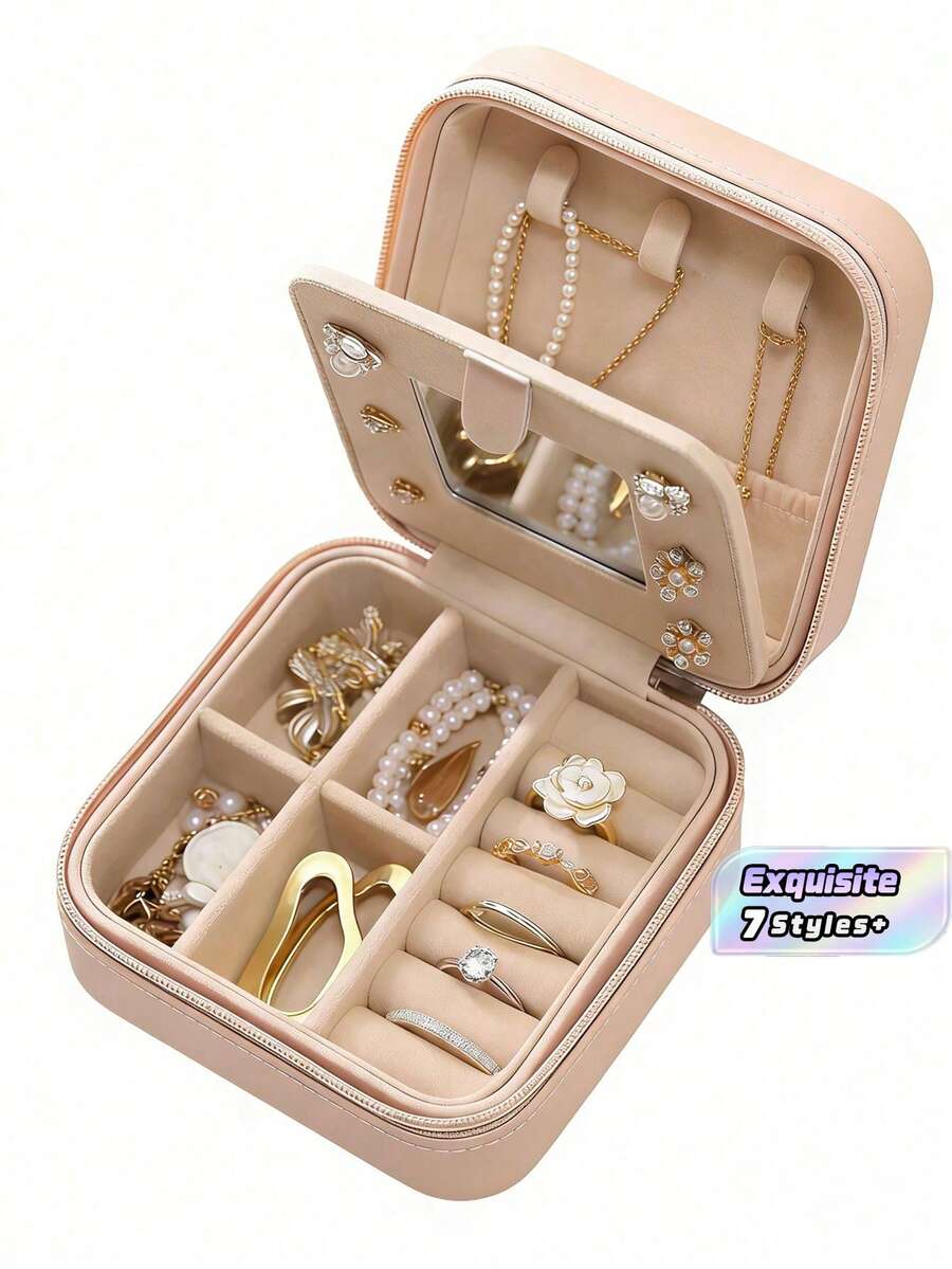 1pc Travel Jewelry Storage Box, Women Gift, Mini Jewelry Organizer, Necklace & Earrings Holder With Mirror, Pink Travel Essential,Women's Day Gift,For Holiday Beach, Bathroom Collection, Bedroom Collection, Large Capacity - Multicolor - View 1
