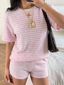 SHEIN EZwear 条纹针织女式休闲套装 - 粉色 - 查看 8