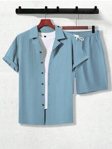 Genlund Men's Textured Solid Color Single-Breasted Short Sleeve Shirt And Drawstring Waist Pocket Shorts 2-Piece Set, Holiday - Baby Blue - View 4