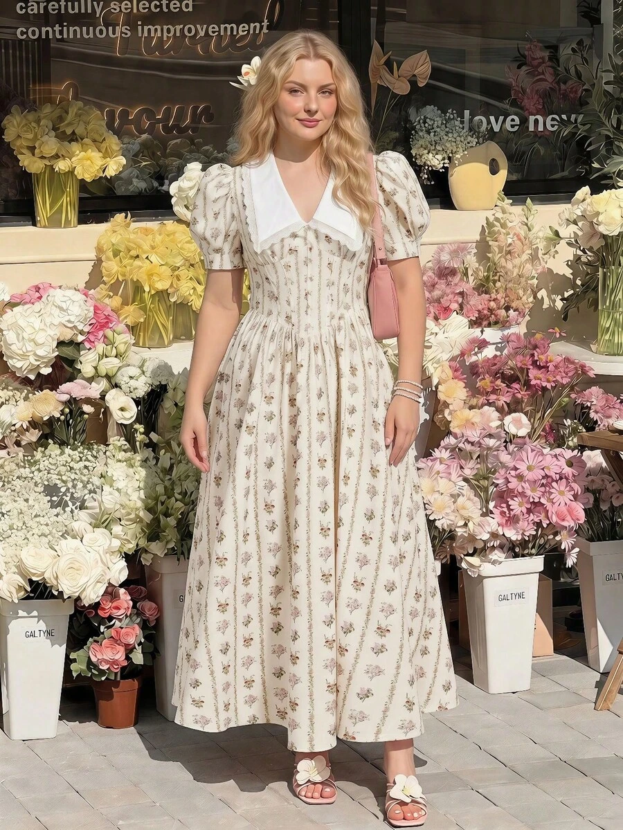 SHEIN MOD 大码碎花蕾丝拼接优雅短袖连衣裙 - 彩色 - 查看 1