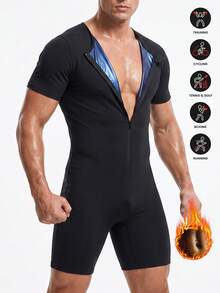 Gym Rark Men's Sauna Suit Full Body Waist Training Shirt With Zipper,Short Sleeve Compression Jumpsuit,Abdominal Control Shaping Tight Clothing For Fitness, Gym - Blue - View 1
