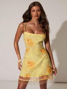 SHEIN BAE Đầm ngắn hai dây gợi cảm thời trang nữ, họa tiết hoa đính cườm. - Màu vàng - Xem 5