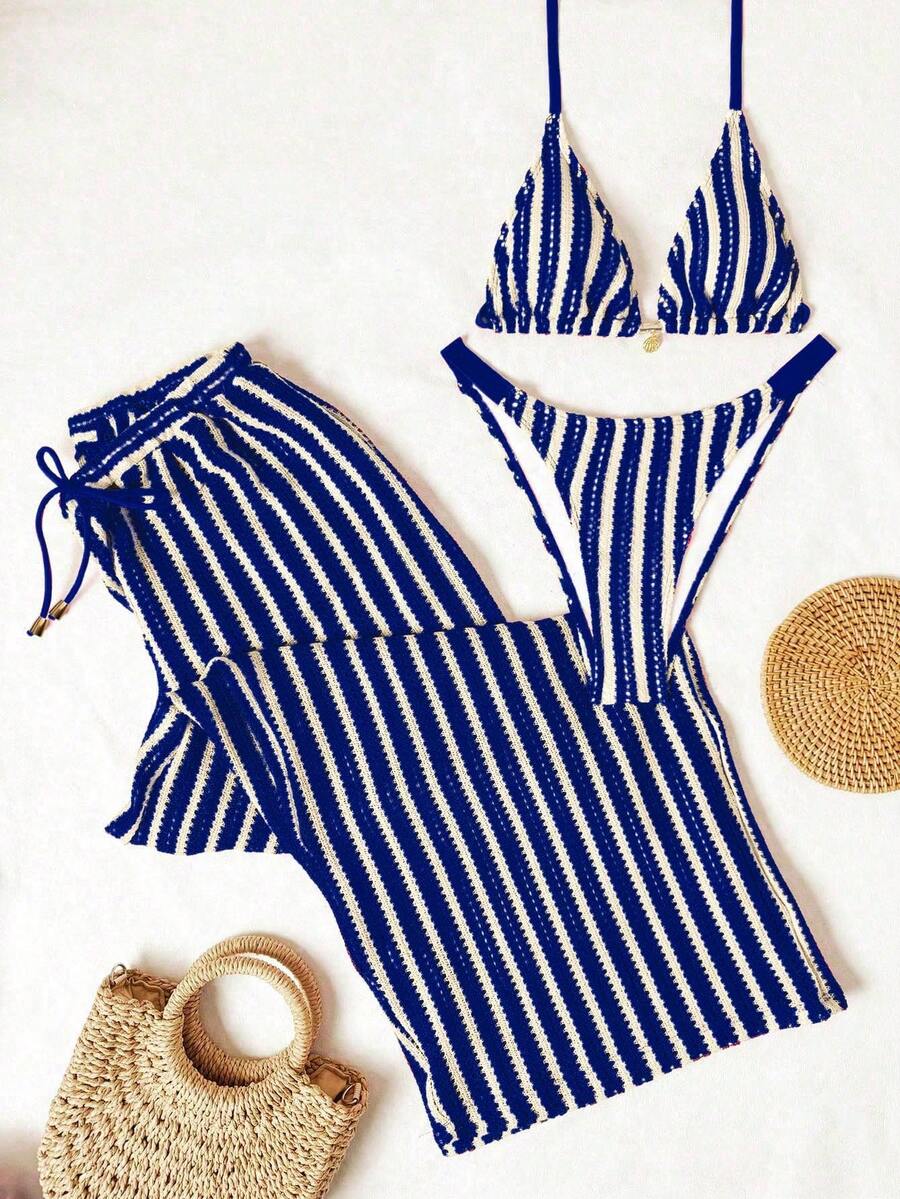 Swim Chiccia 2026 New Plus Size Women 3 Pieces Set: Gold Jewelry, Triangle Bag, Elegant Pants, Casual Swimwear - Blue - View 1