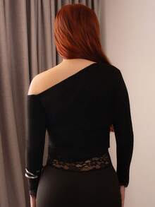 FER DURAN FER DURAN Sexy Lace Patchwork Asymmetric Shoulder Slim Fit Pullover Top With Asymmetrical Hem, Stylish Design For Women, Autumn/Winter - Black - View 5