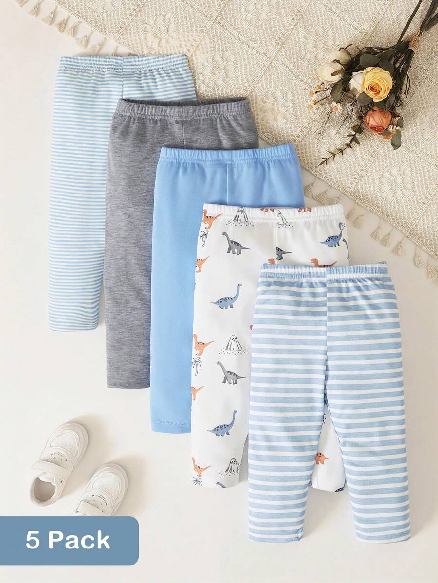 SHEIN Playful Pals 5pcs Baby Boy Striped & Star Print Pants Set - Multicolor - View 1