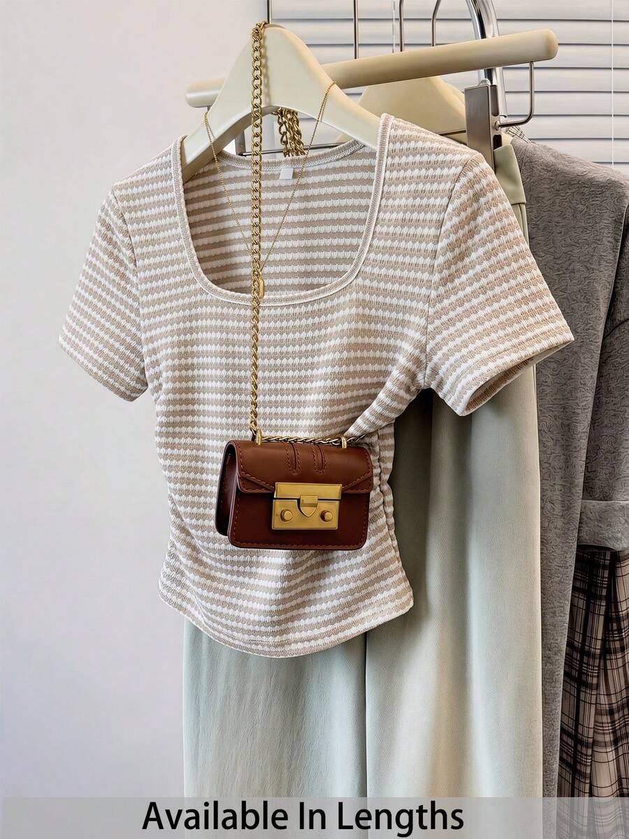 SHEIN Tall CURVE Große Größen Gestreiftes Kontrast-Farben Raffung Basic Lässig T-Shirt für Damen, Sommer - Verschiedenfarbig - Übersicht 1