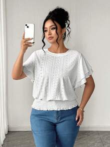 Elenzga Blouse bohème d'été blanche en soie pour femmes grandes tailles, vacances et congés, avec broderie ajourée, manches volantées doubles couches, ajourée et ourlet élastique - Blanc - Voir 4