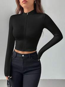SHEIN PETITE 簡約休閒基本款秋冬半高領拉鍊領V領長袖修身彈性女上衣，適合嬌小女性 - 黑色 - 查看 4