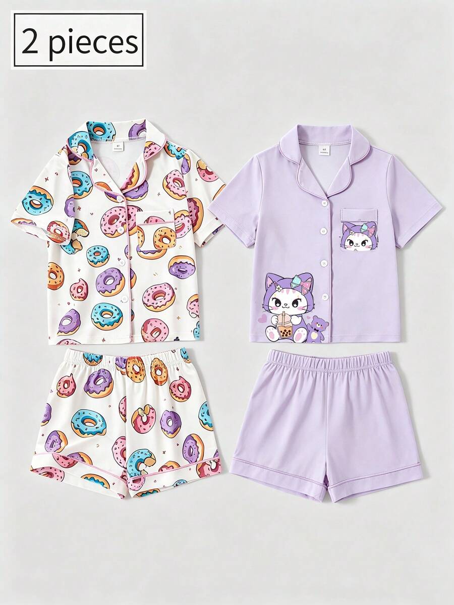 Bộ áo cardigan cổ bẻ tay ngắn và quần short in hình bánh donut dễ thương cho bé gái, chất liệu chống cháy. - Màu be - Xem 1