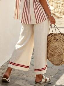 SHEIN Holidaya Quần ống đứng màu mơ dành cho nữ, thích hợp cho trang phục thường ngày mùa hè, thanh lịch, đi nghỉ mát, với viền hoa đỏ, phù hợp cho công sở và mặc thường ngày. - Màu be - Xem 2