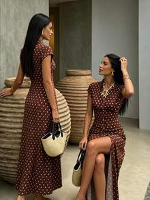 SHEIN Tall Đầm sơ mi chấm bi mới, tay dài, dài ngang gối, dành cho nữ, mùa xuân/hè. - Nhiều màu - Xem 3