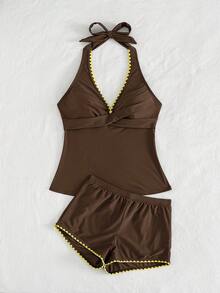 Swim Lushoire Bộ bikini hai mảnh màu trơn dành cho nữ, kiểu áo hai dây và dây chéo phía trước, thoải mái và phù hợp cho kỳ nghỉ hè ở bãi biển. - Cà phê nâu - Xem 4
