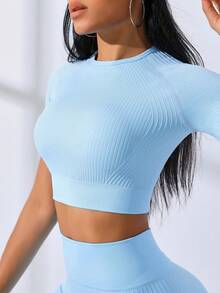 Sweetra Bộ đồ tập luyện áo thun crop top co giãn cao liền mạch và quần legging cho nữ Bộ đồ tập gym cho nữ - Màu xanh nhạt - Xem 5