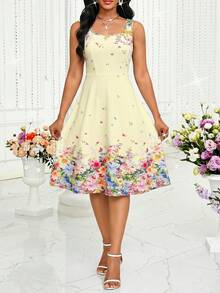 SHEIN Lady Women's Elegant Beige Floral Skater Dress With Matching Jacket Spring Summer Casual Style Tea Party - Pale Yellow - View 5
