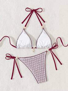 Swim Vcay Bolso triangular sexy con decoración de perlas y flor de concha de unicolor y tejido calado para mujer - Burdeos - Ver 3