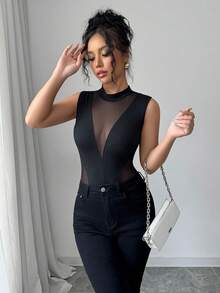 SHEIN Raffinéa 女款黑色網格拼接無袖連身衣，圓領修身夏季連身衣，性感時尚派對夜生活，Y2K休閒海灘百搭 - 黑色 - 查看 7