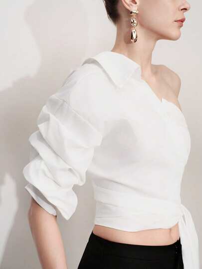 Aveloria Modichic Blusa asimétrica de un solo hombro con mangas abullonadas, cintura anudada, ajuste ceñido, de tela de fibra sintética sedosa, elegante para la oficina, reuniones casuales, citas, salidas de moda y fiestas