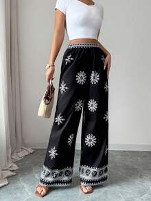 Balvessa Pantalones palazzo de mujer con estampado floral y cintura elástica - Negro - Ver 8