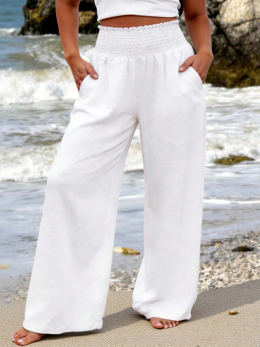 SHEIN Tall CURVE سراويل كاجوال فضفاضة من الشيفون الأحادية اللون لربيع/صيف المرأة ذات الحجم الكبير، خصر مطاطي مع حافة متسعة، مناسبة للعمل والارتداء اليومي - أبيض - مشاهدة 1