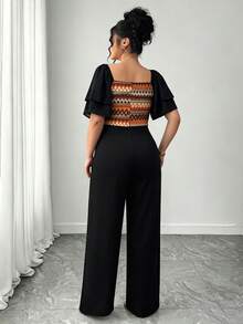 Elenzga Plus Size Women's Spring/Summer Beach Vacation Geometric Patchwork Contrast Color Square Neck Layered Flutter Sleeve Wide Leg Jumpsuit - Multicolor - View 2