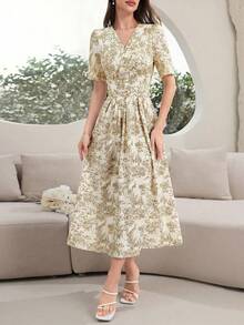 Modelyn Đầm maxi nữ kiểu vintage in họa tiết đơn giản, thích hợp mặc hàng ngày, hoặc mặc vào buổi tối. - Màu vàng - Xem 5