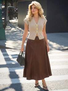 Dripcurv Falda elegante de talla grande de unicolor, adecuada para ir al trabajo en verano - Café integral - Ver 3