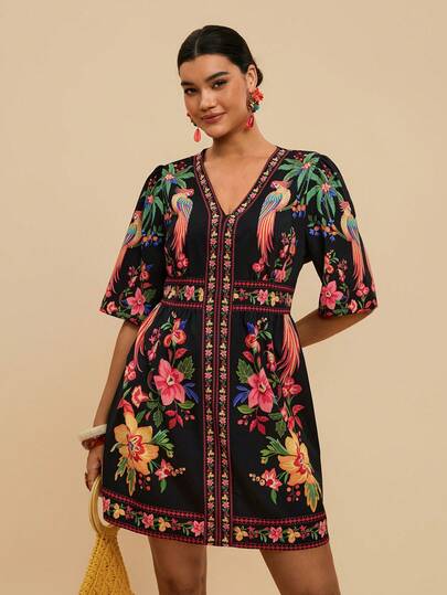 Travachic Đầm ngắn tay cổ chữ V ôm sát dành cho nữ cỡ lớn, họa tiết hoa hồng, thích hợp cho kỳ nghỉ lãng mạn đầu xuân trên đảo.