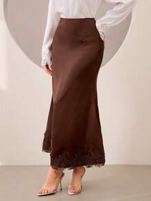 Satin Contrast Lace Trim Elegant French Style Evening Skirt For Women - Coffee Brown - View 7