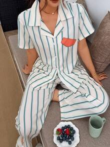Napfluff Spring & Summer Casual Striped Lapel Cardigan Style Sleepwear Set For Women - Apricot - View 7