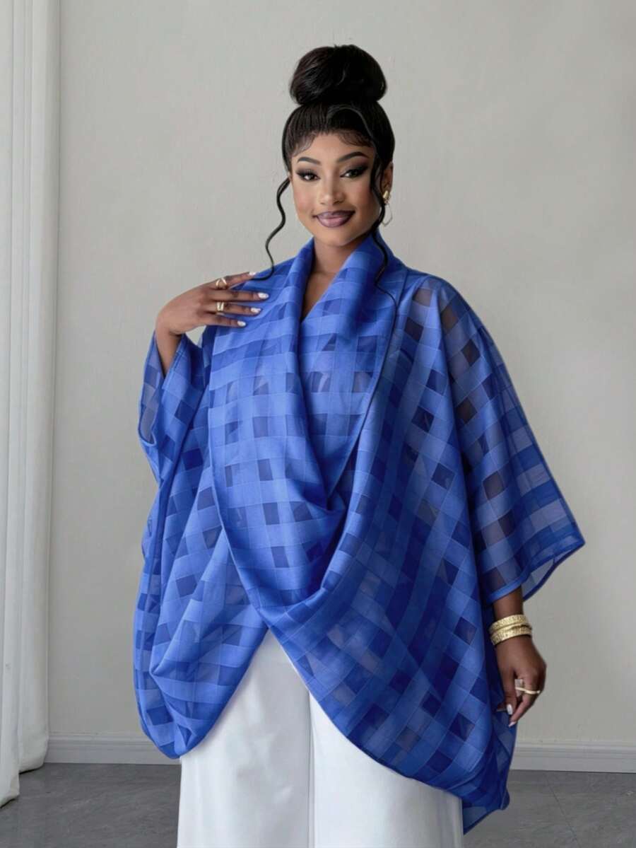 Plusstorlek Dam Lös Fashionabla Twist Collar Blus - Marinblå - Visa 1
