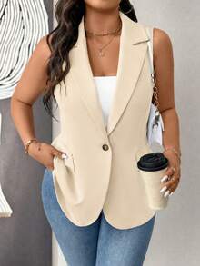 EMERY ROSE Blazer Tanpa Lengan Minimalis Kasual Tipis untuk Wanita Ukuran Plus - Aprikot - View 1
