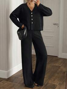 SHEIN Solid Rhinestone Button Front Knit Cardigan & High Waist Wide Leg Pants Set - Black - View 8