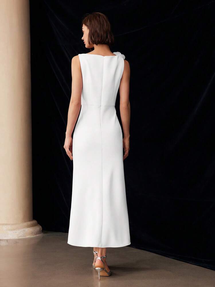 ELEGANT FAUX 3D FLORAL DECOR WAIST FITTED FISHTAIL HEM WHITE DRESS FOR WOMEN