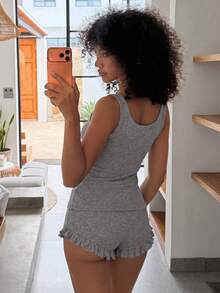Livesso Women's Solid Color Round Neck Top And Drawstring Waist Shorts Casual Loungewear Set Summer - Grey - View 2