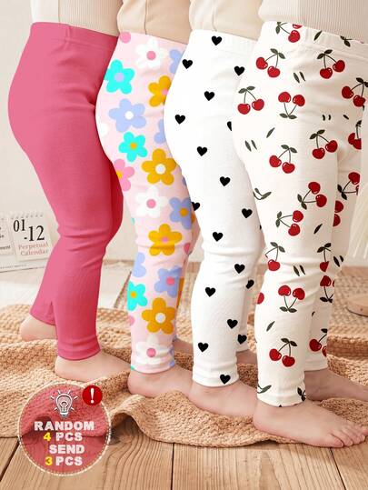 [4 piezas aleatorias, enviar 3 piezas] Leggings de cintura elástica de unicolor con estampado gráfico de bebé y niños, adecuados para usar en primavera/verano en casa o jugar al aire libre, lindos atuendos de verano para niños, artículos de verano, Y2K, Kawaii, fiesta, uso diario, vacaciones, lindo, cómodo, verano 2026, Cottagecore, casual de fin de semana, atuendos para sesión de fotos