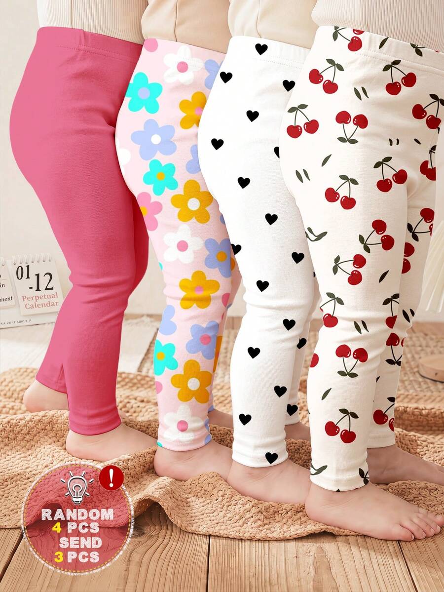 SHEIN [Random 4pcs, Send 3pcs]Menina Bebê Cereja Vintage Fofa, Mini Coração, Estampa Floral Colorida de Dopamina, Relaxe Relaxe, Legging de Cintura Elástica Sólida com Estampa Gráfica para Bebê e Criança, Adequada para Uso em Casa ou Brincadeiras ao Ar Livre na Primavera/Verão, Conjuntos de Verão Fofos para Itens de Verão para Crianças, Itens para Passeios de Verão, Y2K, Kawaii, Festa, Dia a Dia, Férias, Fofo, Confortável, Verão 2026, Cottagecore, Casual de Final de Semana, Roupas para Ensaio Fotográfico - Multicolorido - Visão 1