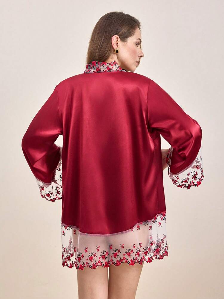 Hourtrue Valentine's Day Two Pieces Women's Sexy Lingerie Pajama Set & Three-Dimensional Embroidered Mesh Patchwork Bathrobe & Solid Color Satin Belt & Comfortable And Alluring Bathrobe - Burgundy - View 2