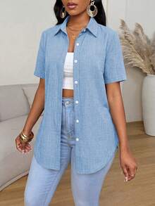 Xyvia Summer Casual Solid Color Side Slit Curved Hem Shirt - Baby Blue - View 5