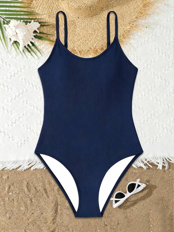 SHEIN Teen Girls Cute Modest Navy Blue Ribbed Halter One-Piece Swimsuit,Elegant Ladylike Design For Swimming,Summer,Beach,Holiday,Pool,Holiday Party