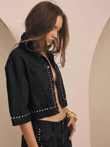 Aralina Áo sơ mi denim tay ngắn đính đinh tán mùa đông/hè - màu đen - Xem 6