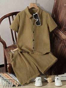 Tween Boy Solid Color Single-Breasted Short Sleeve Shirt And Shorts Casual Daily Outfit - Camel - View 4
