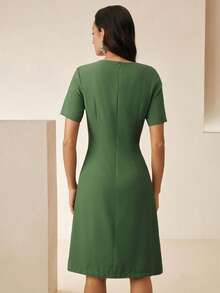 Anewsta New Summer Round Neck V-Neck Bow Design Cinched Waist Elegant Green Sequin Short Sleeve Midi Dress, Suitable For Outfit, Party Dinner Date Festival - Green - View 2