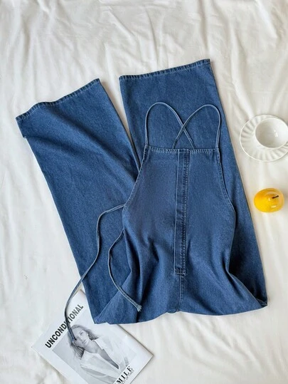 SHEIN Tall Women's Solid Color Casual Wide Leg Denim Jumpsuit,Summer