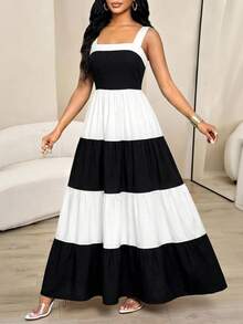 Lady Vestido sin mangas con cuello cuadrado y volantes en el bajo en color contrastante para mujer - Negro - Ver 3