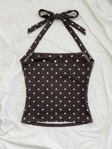SHEIN Áo hai dây dệt kim màu hồng in hoa dâm bụt, kiểu dáng ôm sát, cổ yếm, xếp ly, thời trang dành cho bé gái tuổi teen, thích hợp cho mùa xuân/hè, dự tiệc, hẹn hò, ngày Valentine, tiệc trà chiều, lễ Phục sinh, lễ hội hóa trang, kỳ nghỉ trên du thuyền biển. - màu nâu - Xem 2